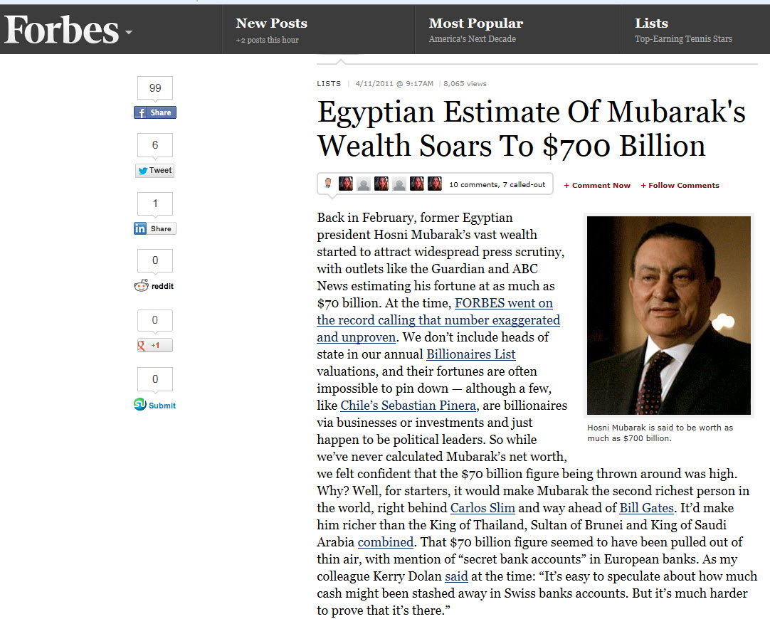 Forbes Mubarak $700 billion Article